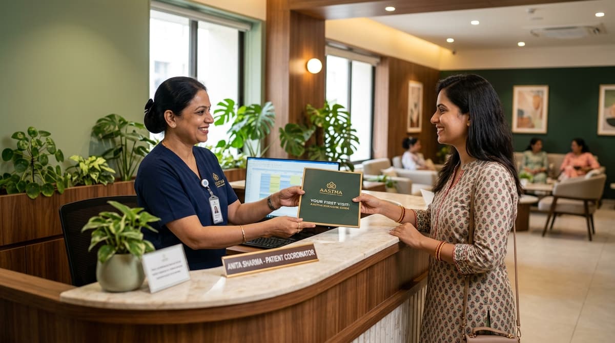 Welcoming first visit guidance and consultation onboarding at Ahana reception