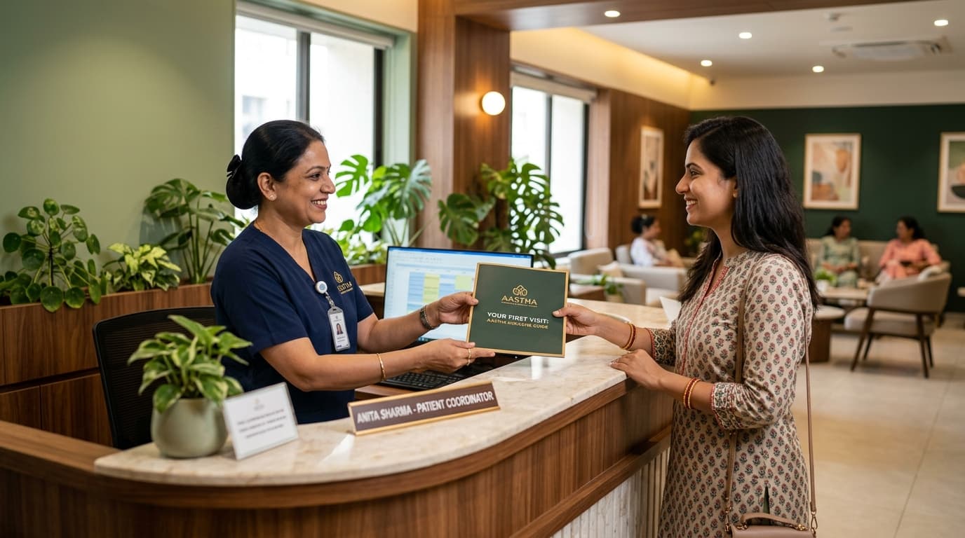 Welcoming first visit guidance and consultation onboarding at Ahana reception