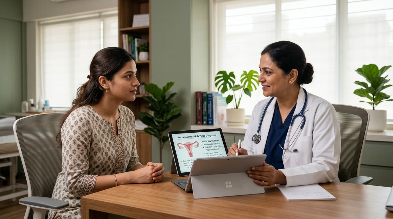 Clinical consultation discussing comprehensive PCOS diagnosis and hormonal health