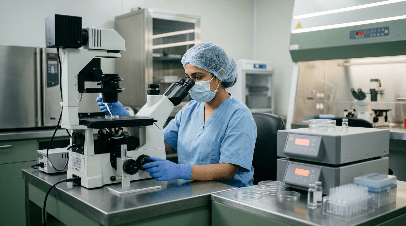 Ahana clinical embryologist performing precision micro-work in IVF laboratory